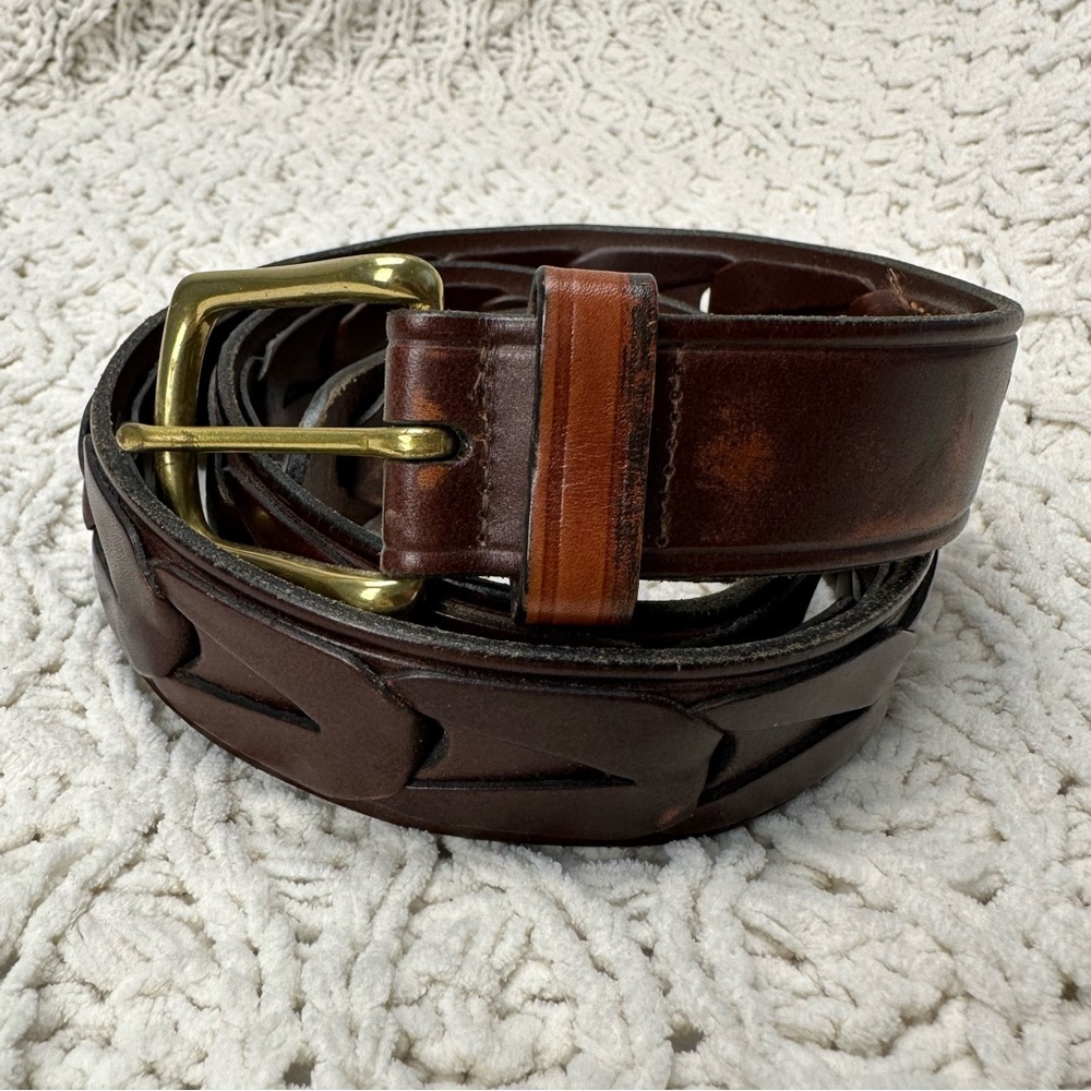 Designer Belt Leather Made In USA Interlocking brown Brass Buckle Mens Size 38